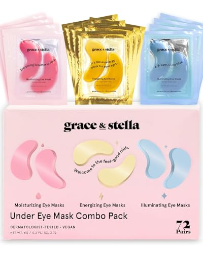 Under Eye Mask Set for Dark Circles Puffy Eyes & Wrinkles - 72 Pairs, Gold, Pink & Blue