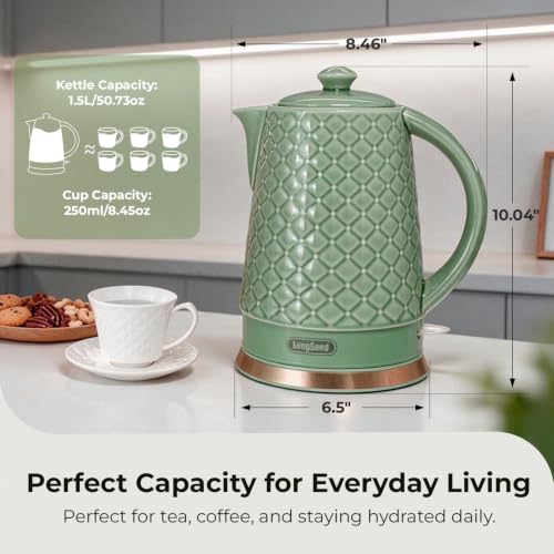 1.5L Ceramic Electric Kettle - Green Embossed Relief Design, Fast Boil, Auto Shut-Off
