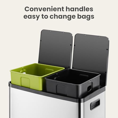 DUMOS Kitchen Trash Can, 2x8-Gallon Dual Can with Lid, Stainless