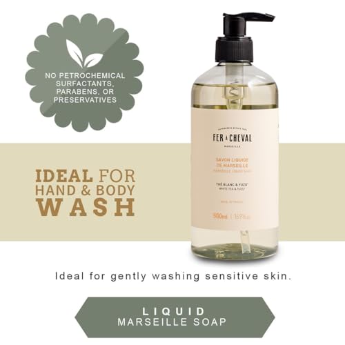 Marseille Liquid Hand Soap with White Tea & Yuzu – French Citrus & Almond Oil, 500ml - New White Tea & Yuzu Variant
