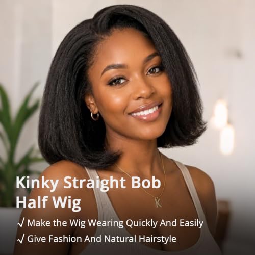 10 Inch Kinky Straight Half Wig for Black Women - Natural Black, Glueless, No Lace