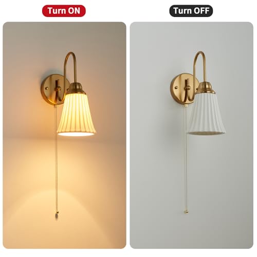 Hardwired Ceramic Wall Sconces Set of 2 with Pull Chain - Curve Arm Design