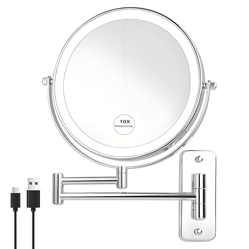 JANEEVA Chrome 8-Inch Wall Mounted Lighted Makeup Mirror 1X/10X Magnification, Touch Dimmable, 360° Swivel