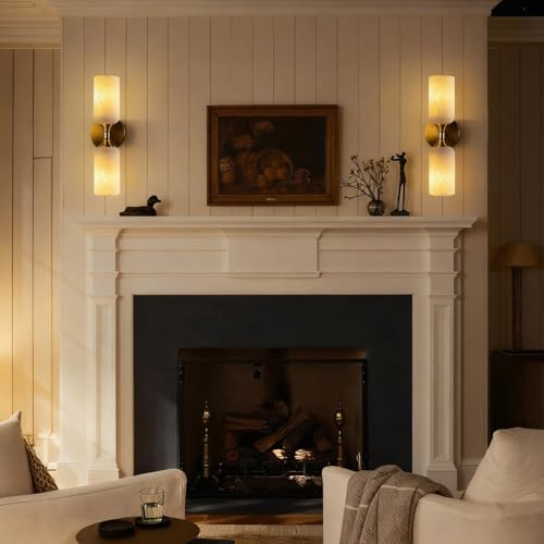 Gold Wall Sconce with Marble Shade - 15in Modern Bathroom Vanity Light