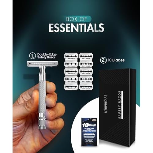 Utopia Care Double Edge Safety Razor for Men & Women with 10 Premium Stainless Steel Blade Refills, Reusable Single Blade Razor, Silver