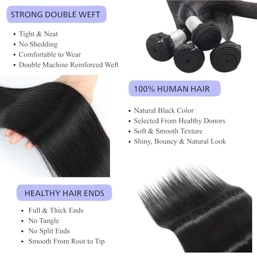 Human Hair Bundles 12, 14, 16 Inch - Natural Black, 3 Bundles Virgin Straight