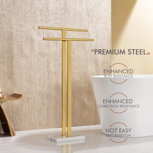 Brushed Gold Standing Towel Rack with Marble Base - 2-Tier Bathroom Towel Holder