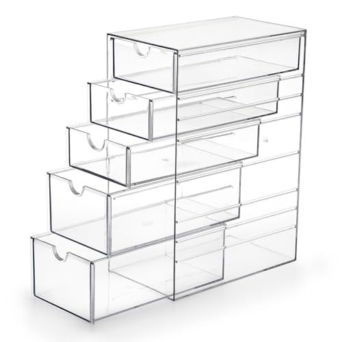 Hipiwe 5-Drawer Plastic Storage Organizer for Hair Accessories, 6.9Lx4.1Wx9.8H - Clear
