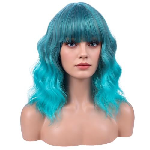 Women Short Curly Wavy Blue Ombre Wig - Mixed Blue, 13 Inch, Adjustable Cap