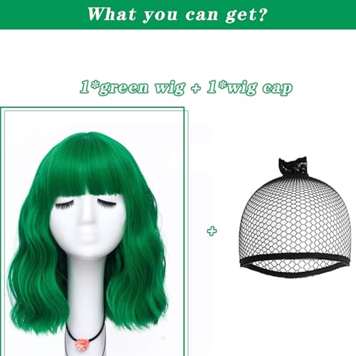 LABEAUTÉ Green Wavy Bob Wig with Air Bangs - 14 Inch Mint Green Cosplay Wig