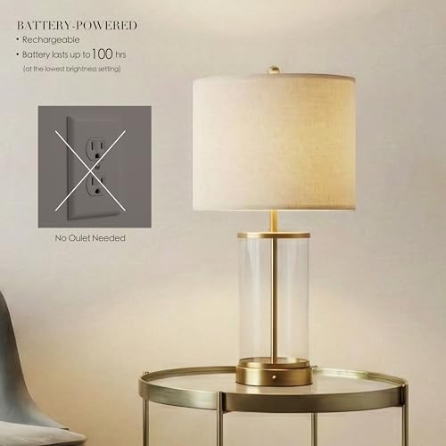 Cordless Glass Bedside Table Lamp with Rechargeable 10,000mAh Battery - Antique Brass, 24-Inch
