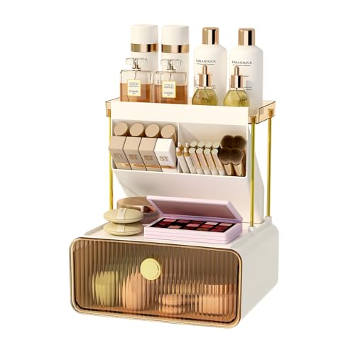FOLLOWIN Amber 3-Tier Makeup Organizer with Drawer for Vanity & Bathroom