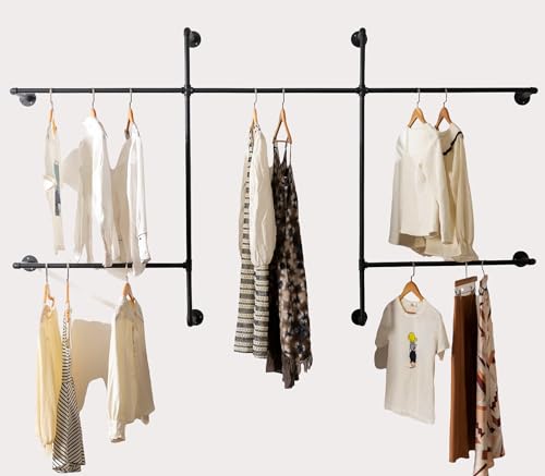 Homeyeeng 5-Rod Wall-Mounted Industrial Pipe Clothing Rack - Heavy-Duty Garment Organizer