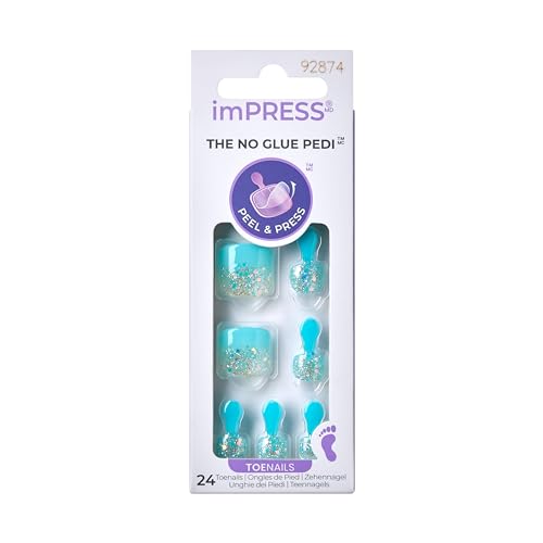 KISS imPRESS No Glue Pedi Press-On Nails, Design, 'Last Flowers', Medium Blue, Short Size, Squoval Shape, Includes 24 Nails, Prep Pad, Instructions Sheet, 1 Manicure Stick, 1 Mini File