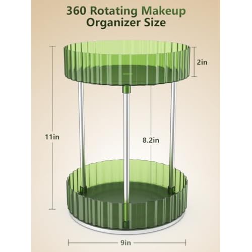 Makeup Organizer,360¡Æ Rotating Makeup Organizer,2-Tier Round Rotating Skincare Organizer Countertop,Fits Bedroom, Bathroom, Vanity Shelf Countertop(Green)