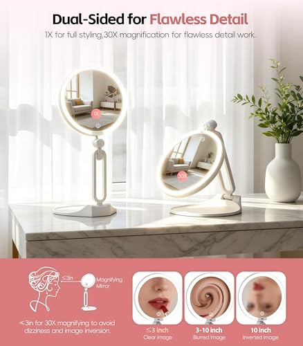 Travel Makeup Mirror with Lights 6.6" Dual-Sided 1X/30X Magnification, Portable LED Vanity Mirror