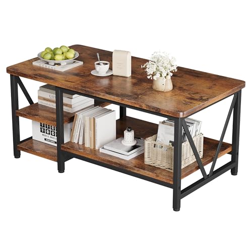 Farmhouse Coffee Table with Storage - 39.3-inch Rustic Industrial Design