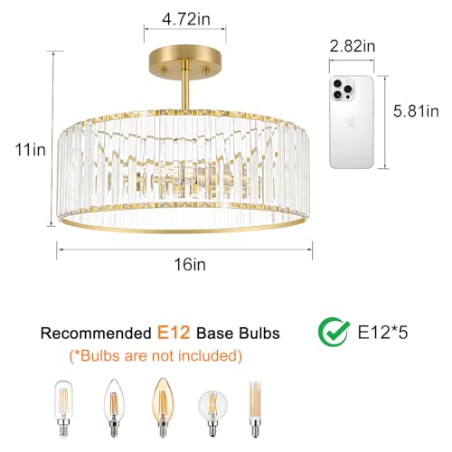 16 Inch Modern Crystal Ceiling Light Fixture - 5-Light Semi Flush Mount Gold