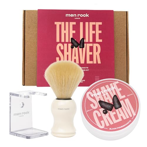 Men Rock The Life Shaver Essential Shaving Kit - Black Pomegranate - Beard Care Kit for Men - Shaving Cream, Synthetic Brush - Mens Face Care - 3 Pc