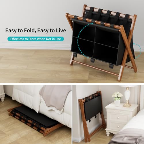 Walnut Bamboo Luggage Rack 2 Pack with 4 Storage Compartments, Foldable Suitcase Stand