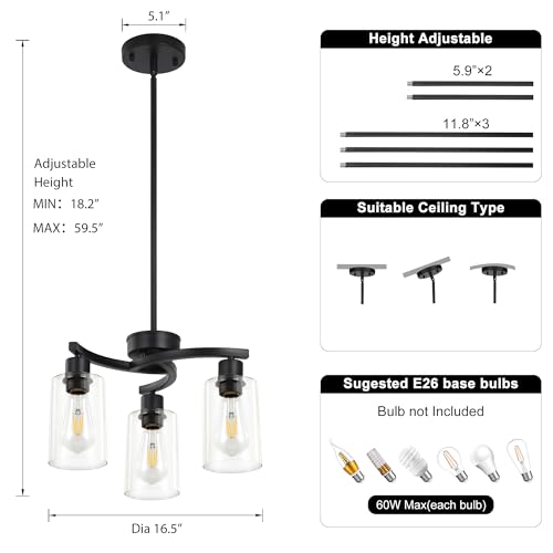 Black 3-Light Modern Dining Chandelier with Glass Shades - Farmhouse & Industrial Style