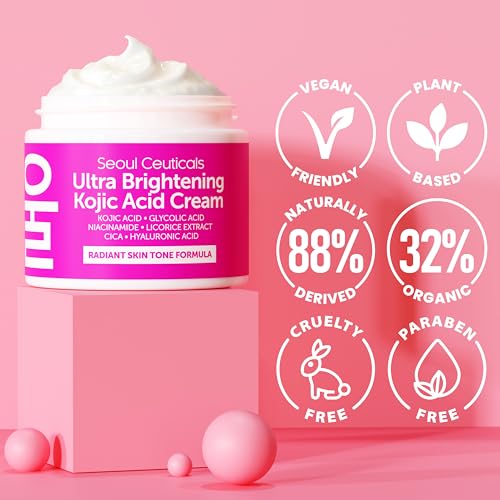 SeoulCeuticals Korean Kojic Acid Cream Dark Spot Remover + Glycolic Acid + Niacinamide + Cica + HA Moisturizer - Cruelty Free K Beauty Skincare 2oz (Pack of 2)