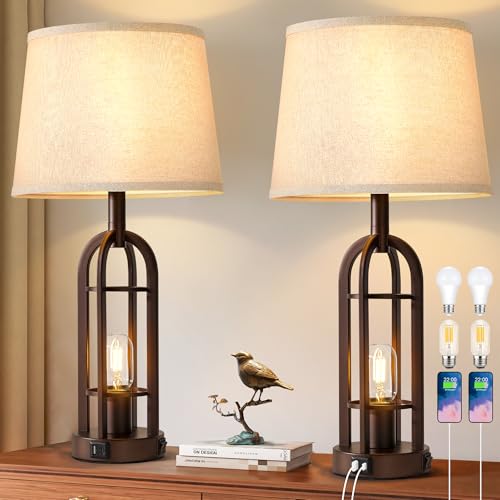 SRJJA 24-Inch Industrial Table Lamps Set of 2 with USB A+C & Bronze Switch