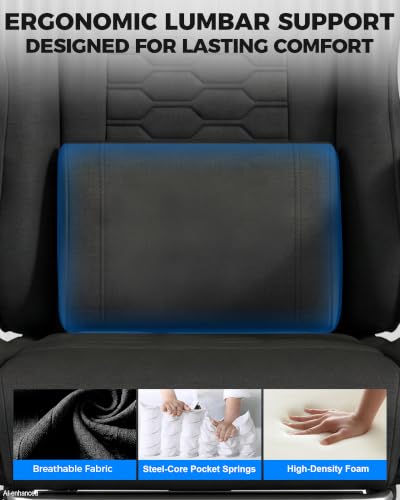 Gaming Chair with Footrest & Pocket Spring Cushion - Black - 90°-155° Recline, Adjustable Height, Lumbar Support
