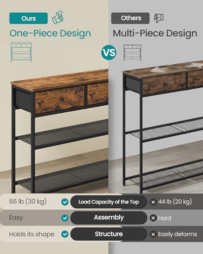 SONGMICS Rustic Brown Console Table with 3 Fabric Drawers, Narrow Entryway Furniture - 11.8"D x 44.8"W x 31"H