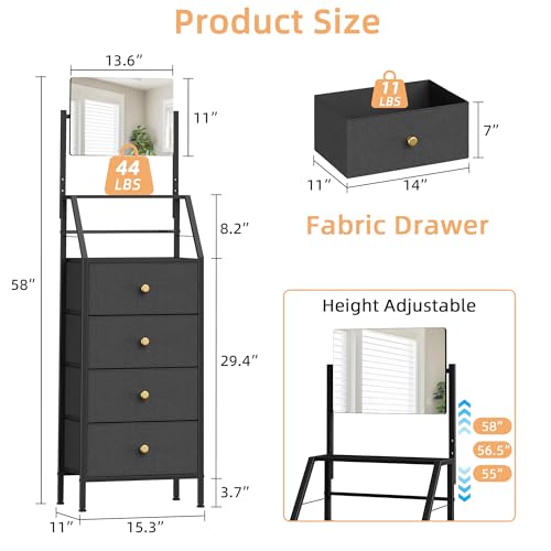 HIGDBFE Black Vanity Dresser with Adjustable Mirror, 4 Drawers, 15.3" W, 58" Height