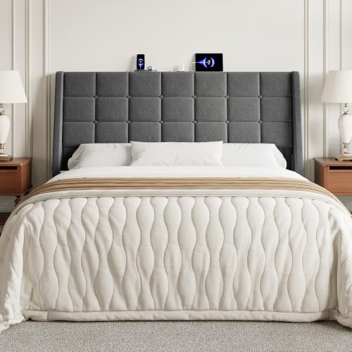 Queen Size Upholstered Headboard with Charging Station, Wingback Support