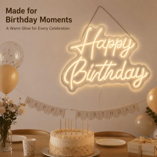 Happy Birthday Neon Sign - 22x16.9 Inch LED Dimmable Warm White Party Decor