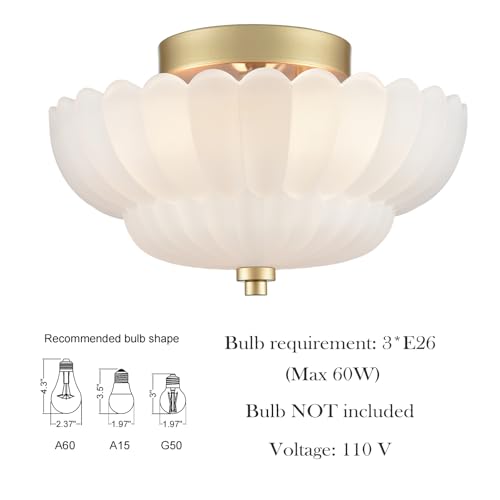 HYDELITE Gold-Milk Glass Flush Mount Ceiling Light with Scalloped Frosted Shade
