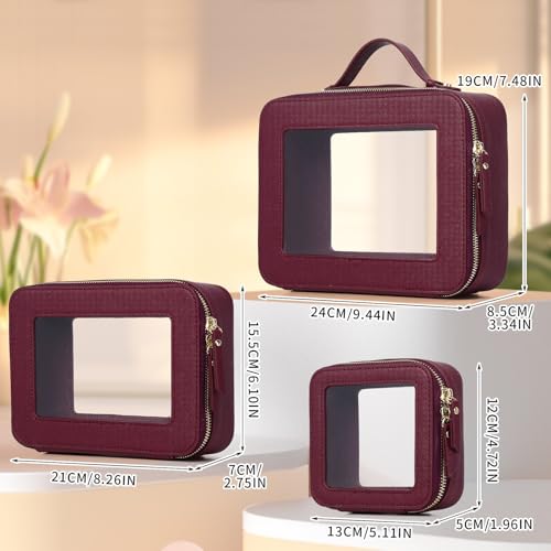 Pinkmik Clear Makeup Bag Set - Burgundy L+M+Mini Variation for Travel & Organization