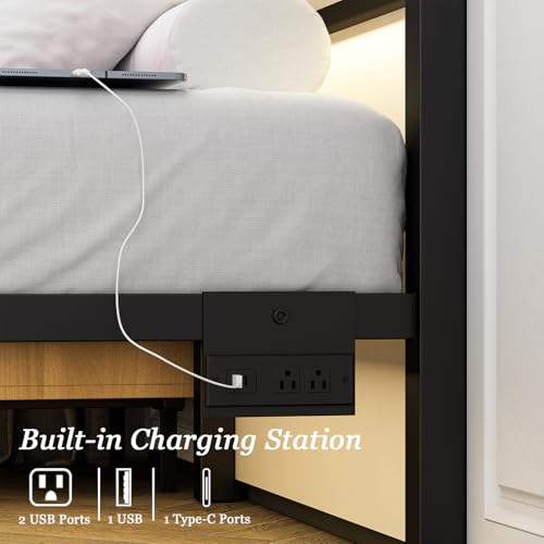 Black Twin Bed Frame with Charging Station & RGB LED Lights, Heavy Duty Slats, Easy Assembly