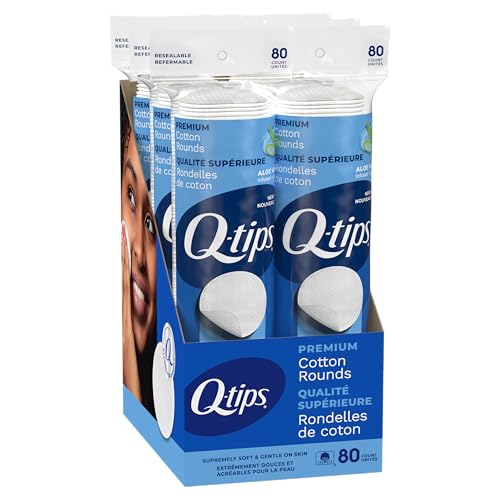 Q-Tips Premium Cotton Rounds for Face, 100% Cotton, Soft Lint Free Makeup Remover Pads, Cleansing Face Pads for Toner, Nail Polish Remover, Skin Care and Beauty Use, 80 Count Per Pack, 6 Pack
