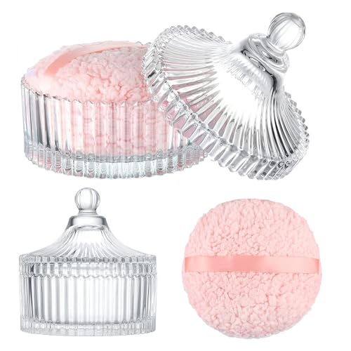 Extra Large Body Powder Puff and Container - Vintage Glass Dusting Powder Container with Soft Puff for Women & Girls (5.9x5.9x5.9 IN)-GRB010-Transparent