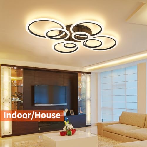 Modern Black Ceiling Light with 8 Rings - Dimmable LED Flush Mount Fixture with Remote