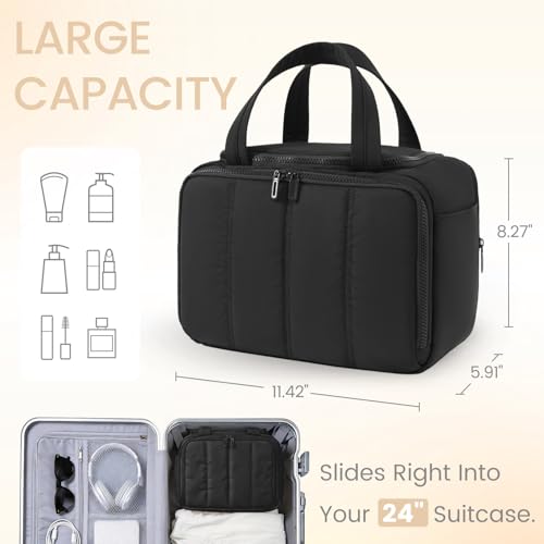 SODEER 11L Large Puffy Waterproof Toiletry Bag for Women Travel Makeup Organizer Black