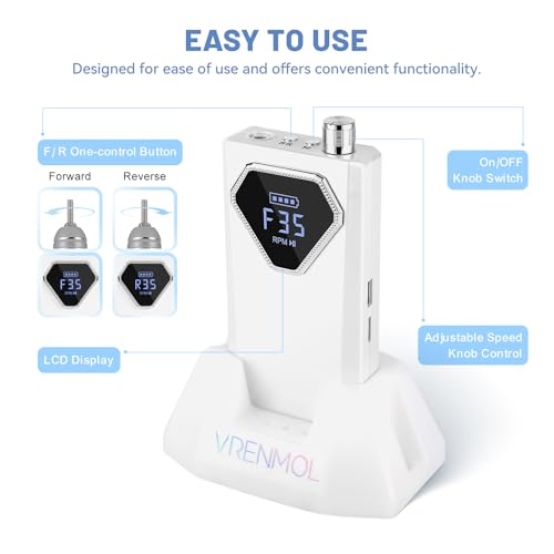 Rechargeable Nail Drill with Base - 35000RPM Portable Electric Nail File for Gel Acrylic Nail Art - White