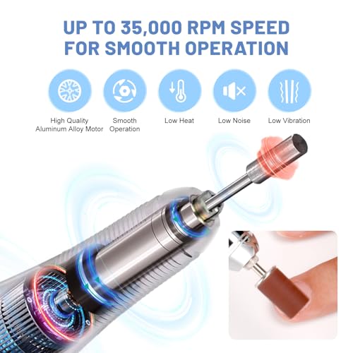 Rechargeable Nail Drill with Base - 35000RPM Portable Electric Nail File for Gel Acrylic Nail Art - White