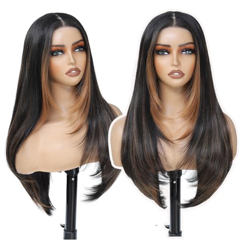 KPROYU Synthetic Lace Front Wig 26 Inch Long Straight Layered Honey Blonde with Black Skunk Stripe Glueless HD Lace for Black Women