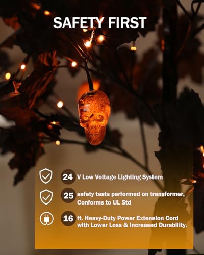 TYBEEU Halloween Decor Set 4ft, 5ft & 6ft Black Maple Trees with LED Lights, Ornaments & Spiders