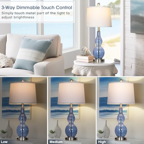 Blue Coastal Glass Double Gourd Table Lamp Set of 2 - Nautical Nightstand Lamps with USB & Outlets, Dimmable Touch Control, 27.5"