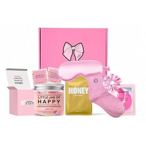Happy Gift Set ? Spa Pamper Kit, Smile Socks, Motivational Uplifting Quotes, Silly Sleep Mask | Self-Care Gift Box for Women, Mother's Day (Premium Set)