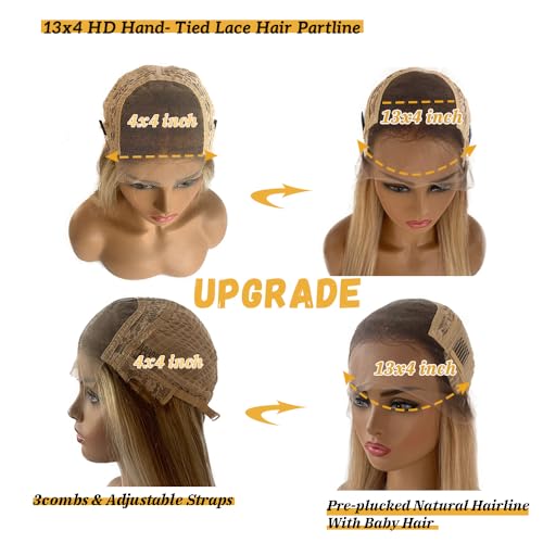 18 Inch Ash Brown Lace Front Wig with Highlights - Human Hair, Glueless, Pre-Plucked, Ombre Blonde & Brown Variation #8T18P60