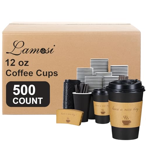 Lamosi 12oz Disposable Coffee Cups with Lids - Pack of 500, To-Go Paper Cups