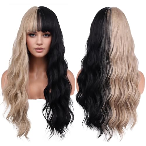 Half Black and Blonde Long Wavy Curly Wig for Women with Bangs - Synthetic Hair, Adjustable Cap
