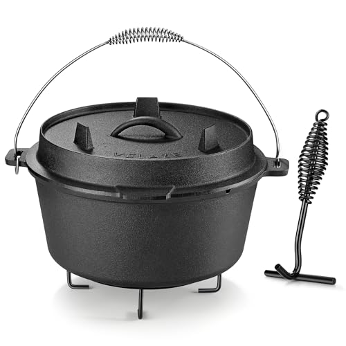 10QT Cast Iron Camping Dutch Oven with Lid - Pre-Seasoned Outdoor Cooking Pot
