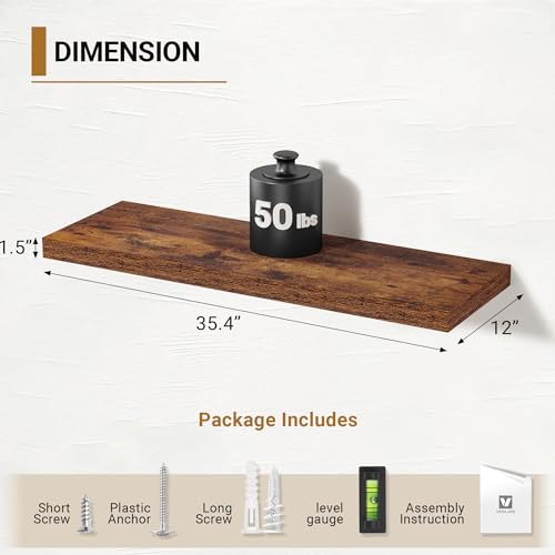 Vivelove Rustic Brown 36 Inch Floating Shelves Set of 2 - Deep 12" Wall Storage